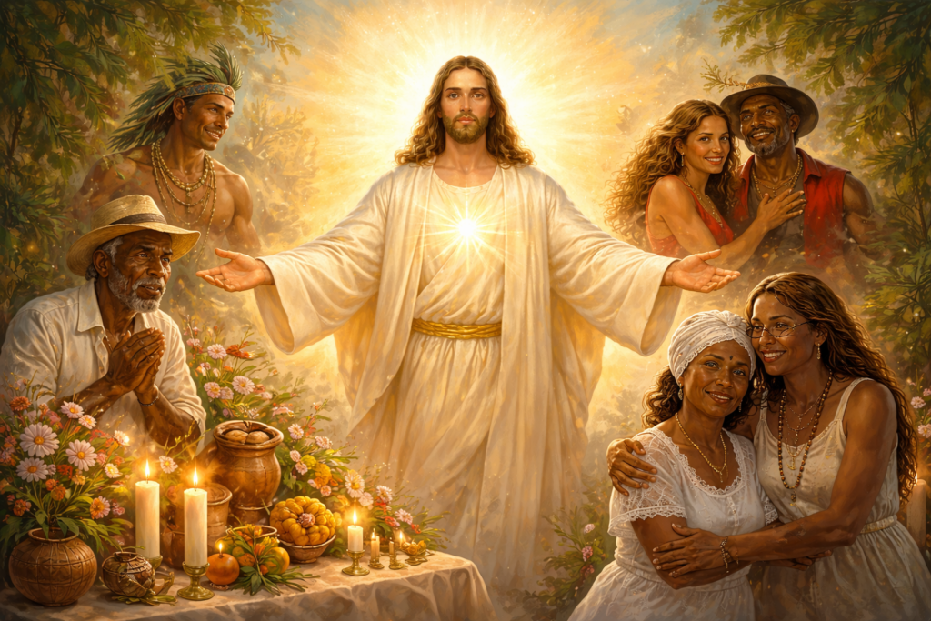 Representação de Jesus Cristo irradiando luz e amor em um ambiente espiritual inspirado na Umbanda, com pessoas em oração e clima de paz