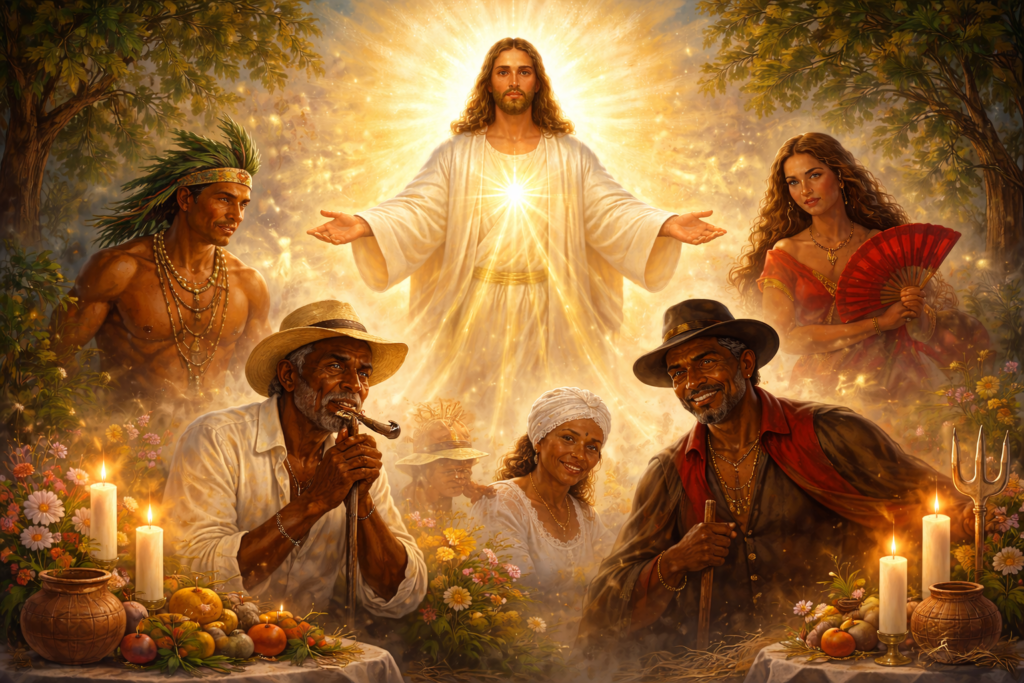 Representação de Jesus irradiando luz sobre entidades da Umbanda como Caboclo, Preto Velho, Exu e Pombagira em um ambiente espiritual