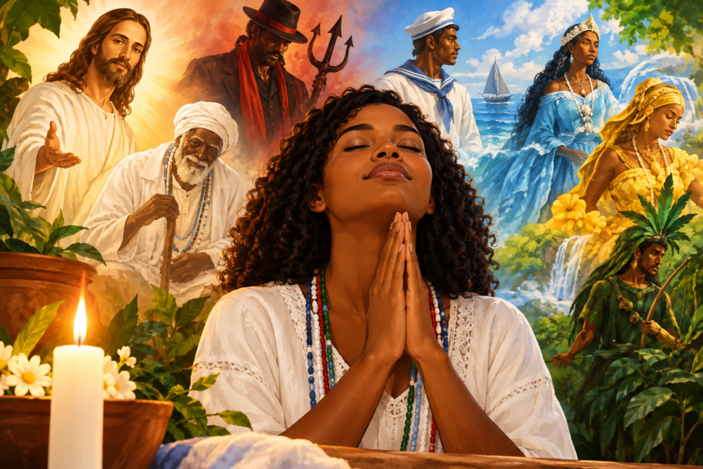 Mulher em oração na Umbanda diante de uma vela, cercada por representações espirituais e elementos da natureza