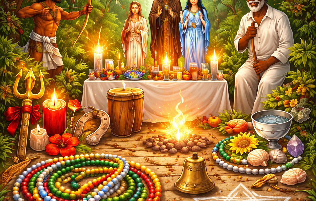 Representação de um terreiro de Umbanda com guias coloridas, atabaques da curimba, símbolos espirituais, entidades como Caboclo e Preto Velho e elementos ligados às sete linhas da Umbanda.