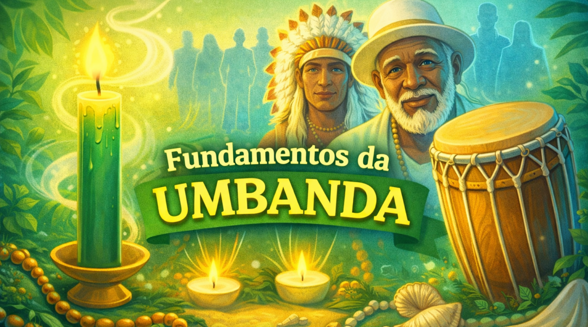 Fundamentos da Umbanda com vela verde, atabaque, entidades espirituais e símbolos sagrados representando falanges e preceitos da religião.