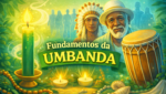 Fundamentos da Umbanda com vela verde, atabaque, entidades espirituais e símbolos sagrados representando falanges e preceitos da religião.