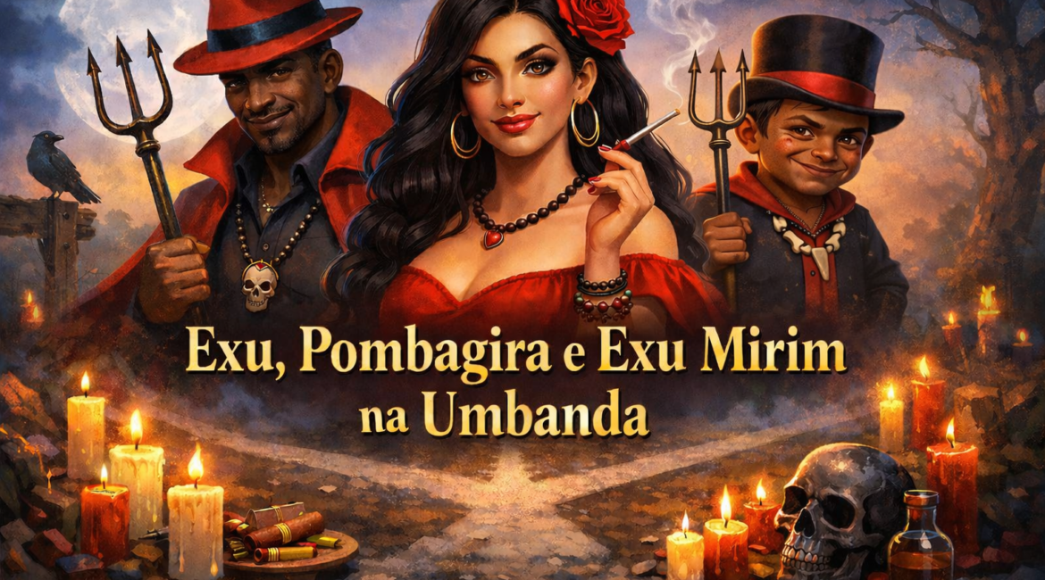 Exu, Pombagira e Exu Mirim representados em ilustração espiritual da Umbanda com tridentes e vestimentas tradicionais.