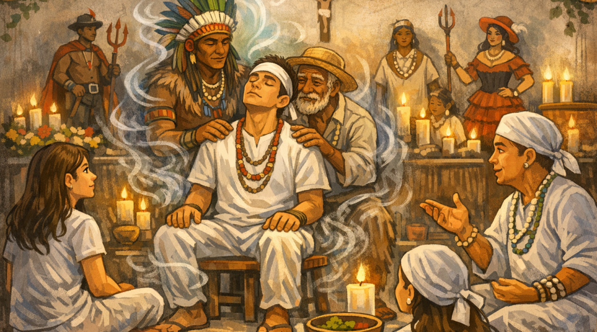 Ilustração de desenvolvimento mediúnico na Umbanda mostrando médium em incorporação espiritual em um terreiro durante trabalho espiritual com entidades.