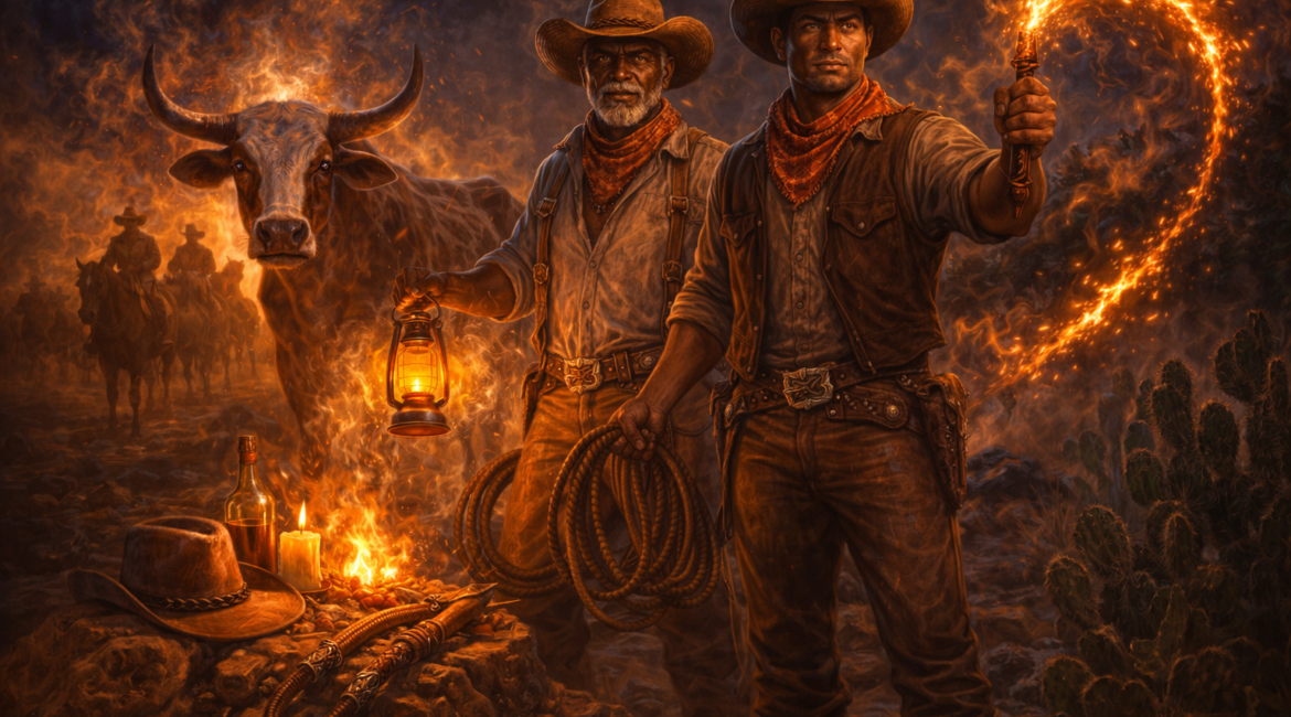 Ilustração de Boiadeiros na Umbanda atuando com força e proteção espiritual, conduzindo energias e organizando o campo espiritual.