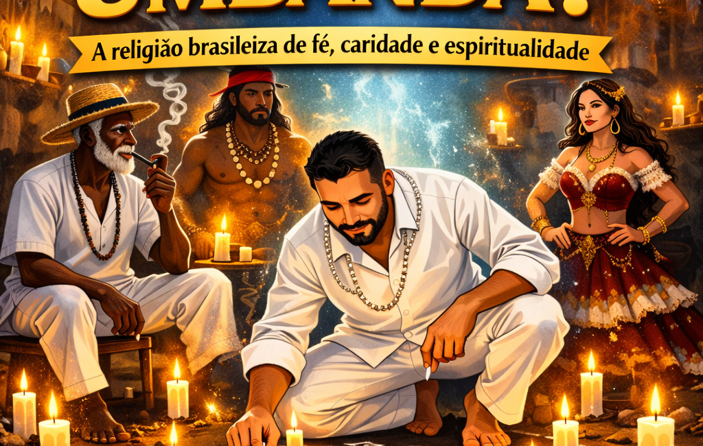 Ilustração espiritual representando o que é Umbanda com médium vestido de branco fazendo ponto riscado, acompanhado por entidades como preto velho, caboclo e pombagira em um ambiente de terreiro com velas.