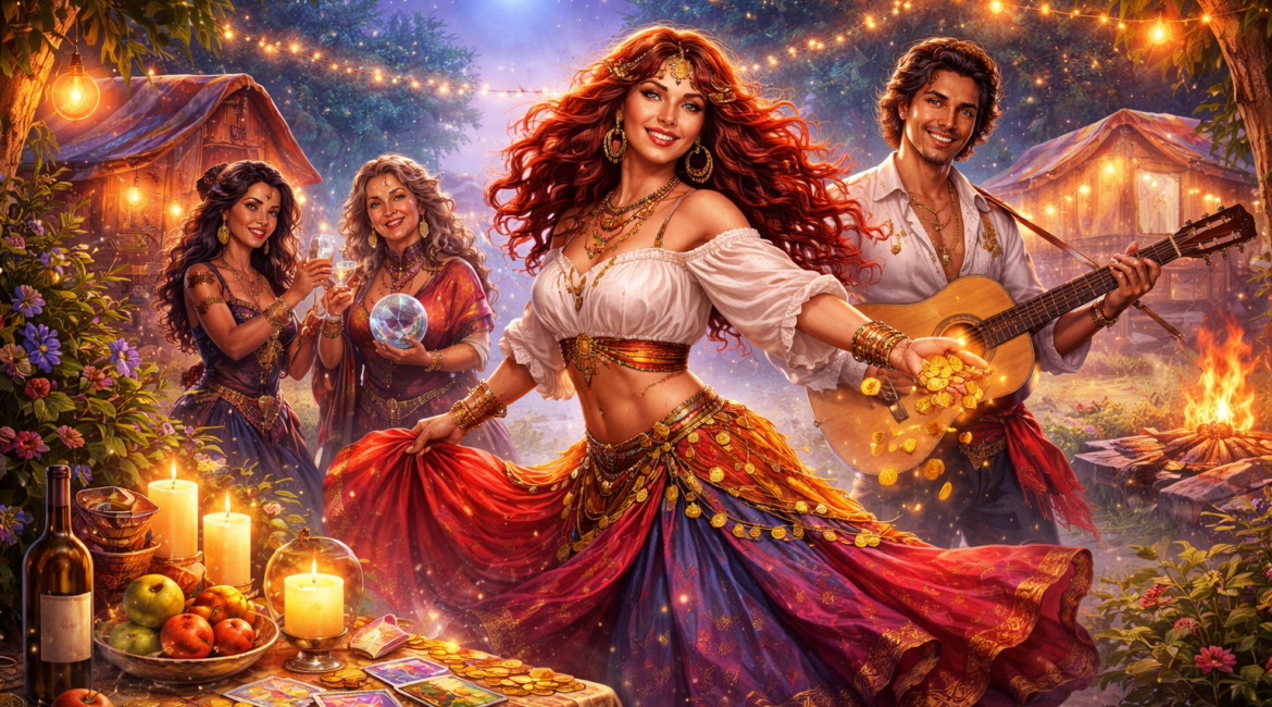 Ciganos na Umbanda representados com energia de prosperidade, liberdade e vibração positiva em ambiente espiritual com elementos naturais e cores vibrantes