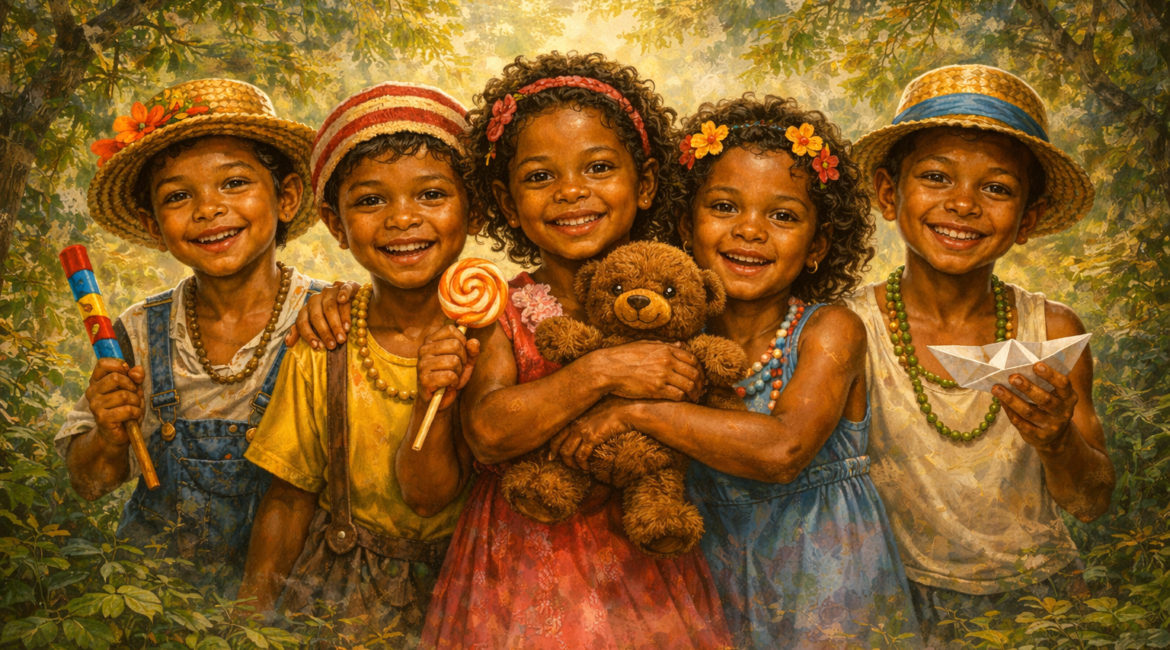 Erês na Umbanda representados como crianças espirituais sorrindo com brinquedos em ambiente natural, simbolizando alegria, pureza e energia espiritual