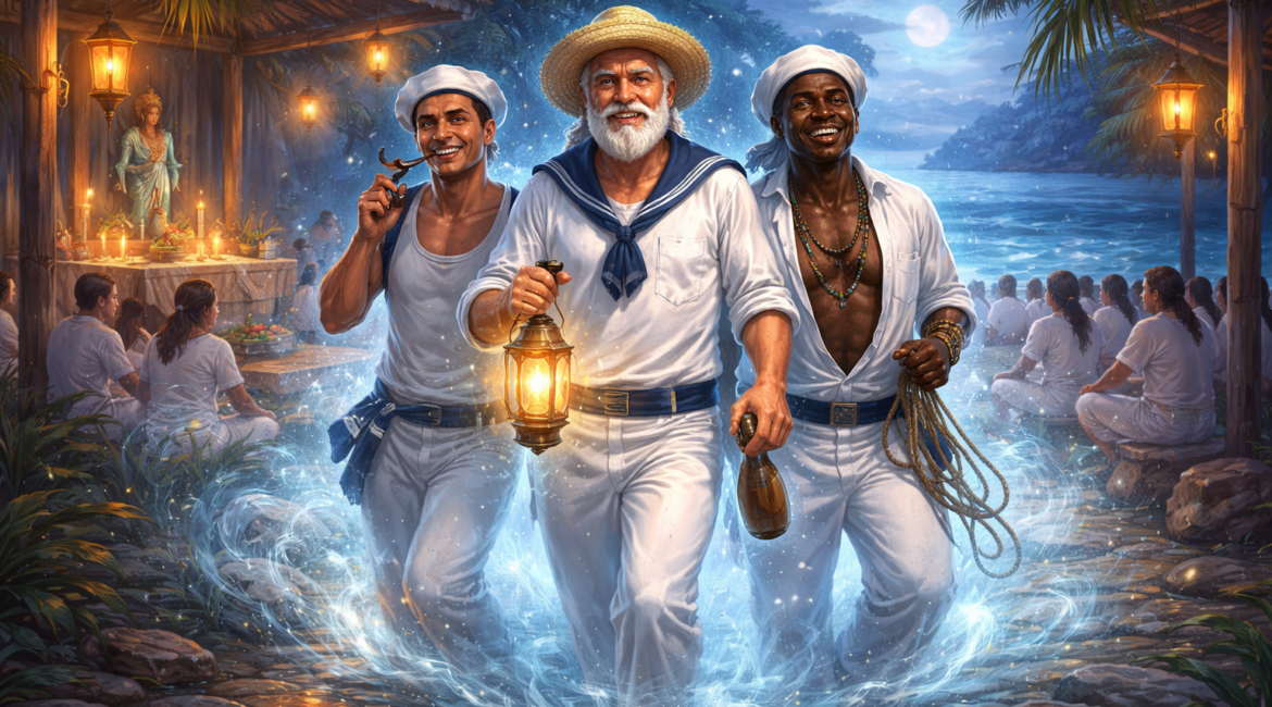 Marinheiros na Umbanda realizando trabalho espiritual de limpeza energética e equilíbrio emocional em ambiente com energia do mar