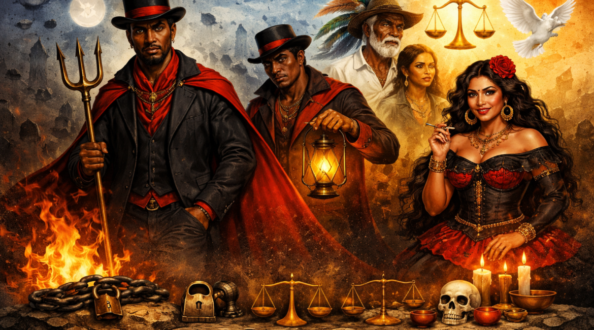 Ilustração de Exus na Umbanda representando guardiões espirituais com elementos de proteção, justiça e equilíbrio energético em ambiente simbólico espiritual