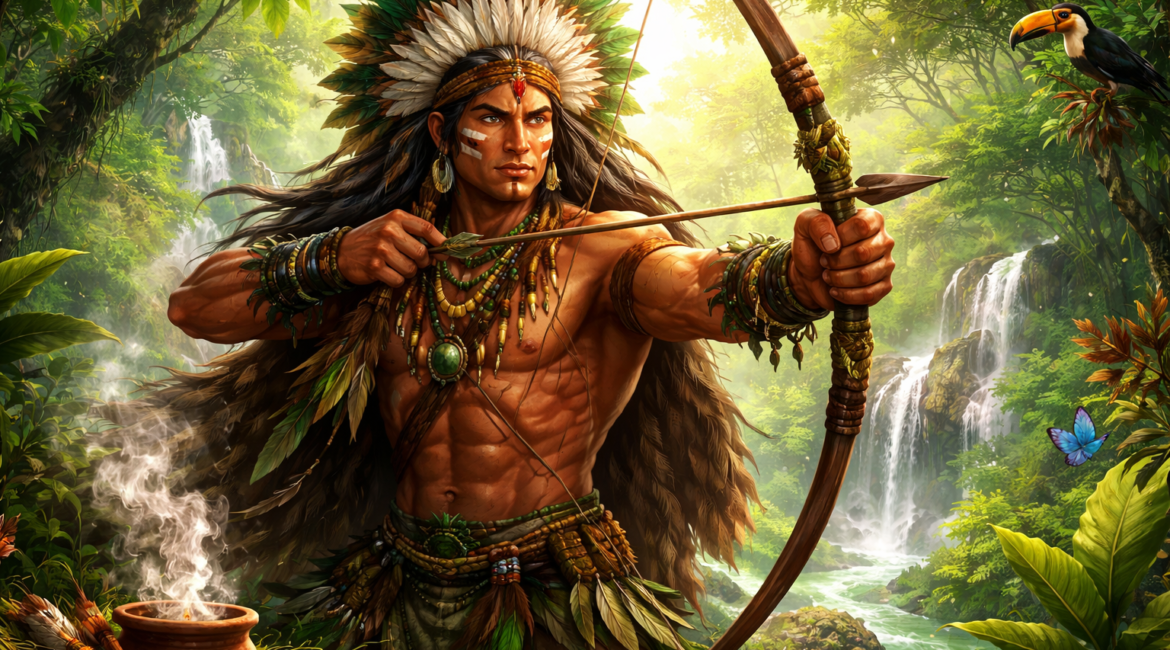 Caboclo na Umbanda representado em meio à natureza com arco e flecha, simbolizando força espiritual, sabedoria e conexão com a mata