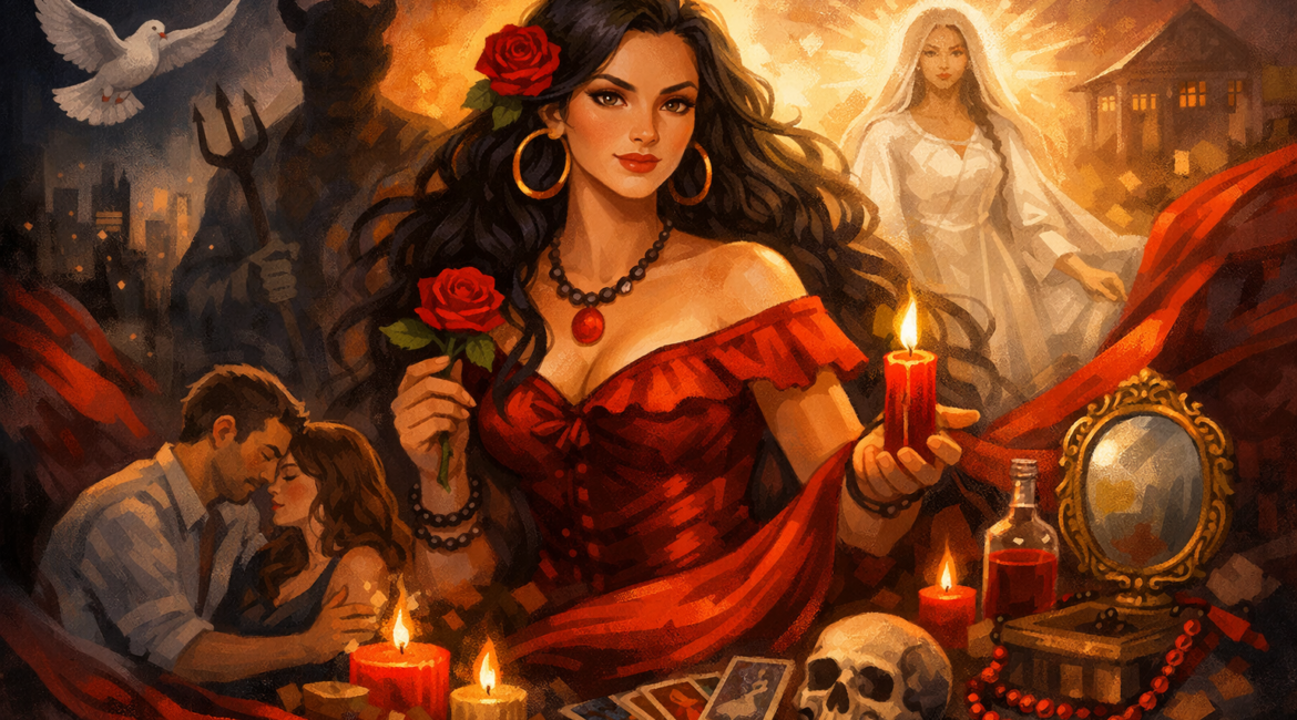 Ilustração de Pombagira na Umbanda representando poder feminino, transformação espiritual, amor próprio e atuação energética em ambiente simbólico