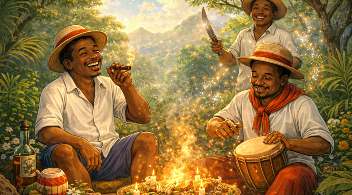 Baianos na Umbanda realizando trabalho espiritual com alegria e leveza em ambiente natural, representando proteção e limpeza energética