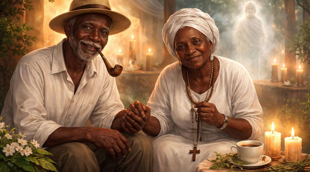 Ilustração de Pretos-Velhos na Umbanda representando humildade, cura espiritual e acolhimento com velas, ervas e ambiente espiritual sereno.