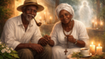 Ilustração de Pretos-Velhos na Umbanda representando humildade, cura espiritual e acolhimento com velas, ervas e ambiente espiritual sereno.