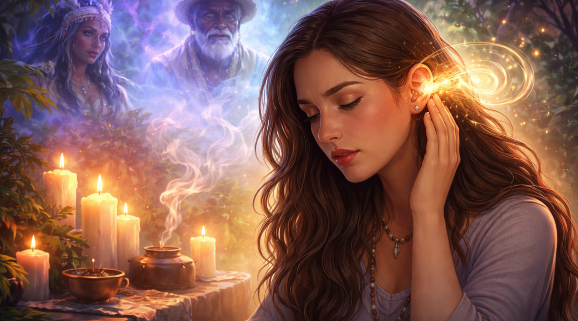 Mulher tocando o ouvido esquerdo com energia espiritual ao redor e presença de guias na Umbanda