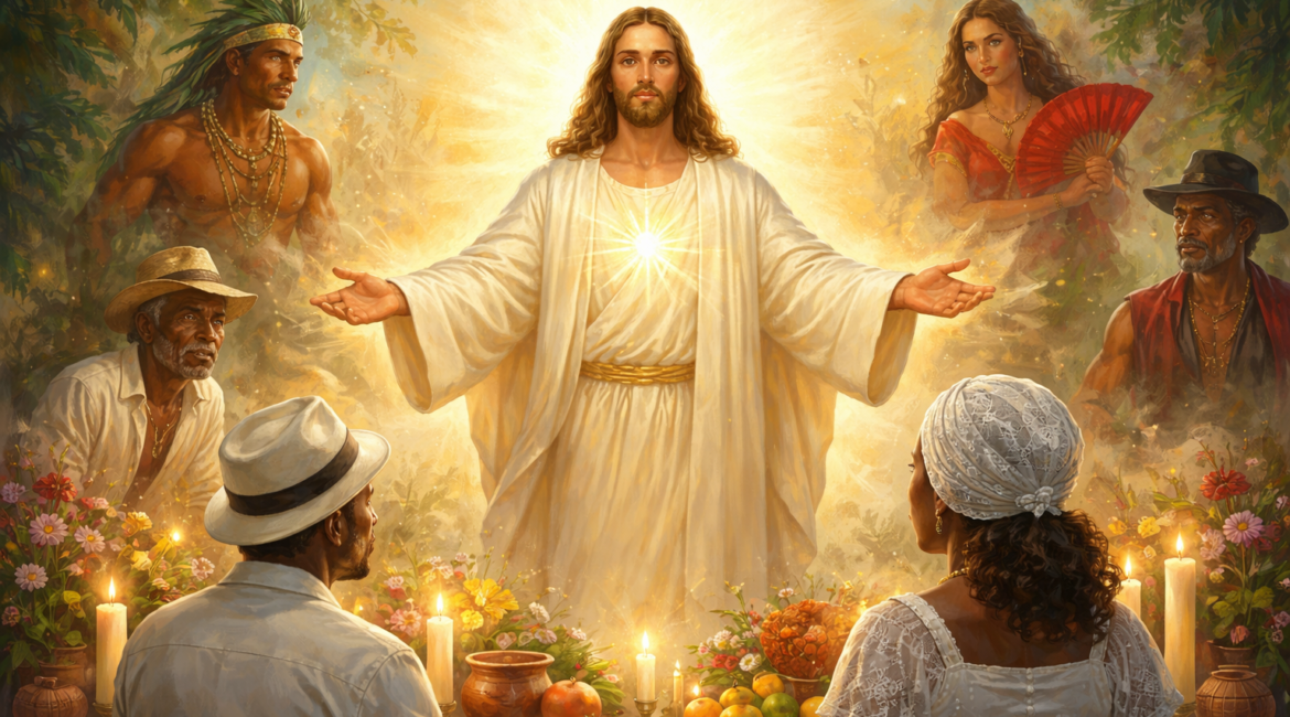 Representação espiritual de Jesus Cristo irradiando luz em um cenário inspirado na Umbanda, simbolizando paz, acolhimento e orientação espiritual
