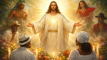 Representação espiritual de Jesus Cristo irradiando luz em um cenário inspirado na Umbanda, simbolizando paz, acolhimento e orientação espiritual